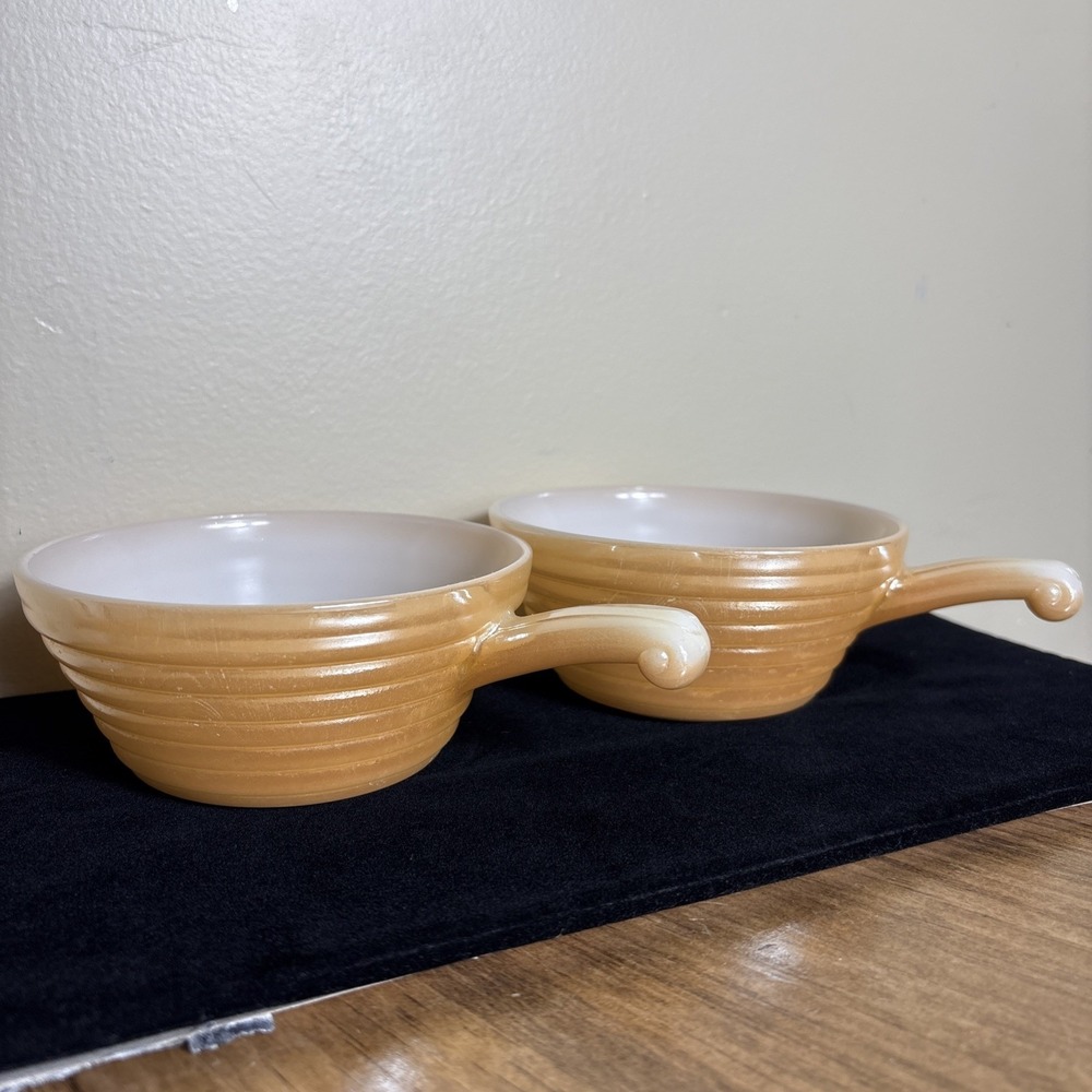 Vintage‎ FireKing Ovenware Peach Luster Beehive Soup Handle Bowls 2 USA MCM Item
